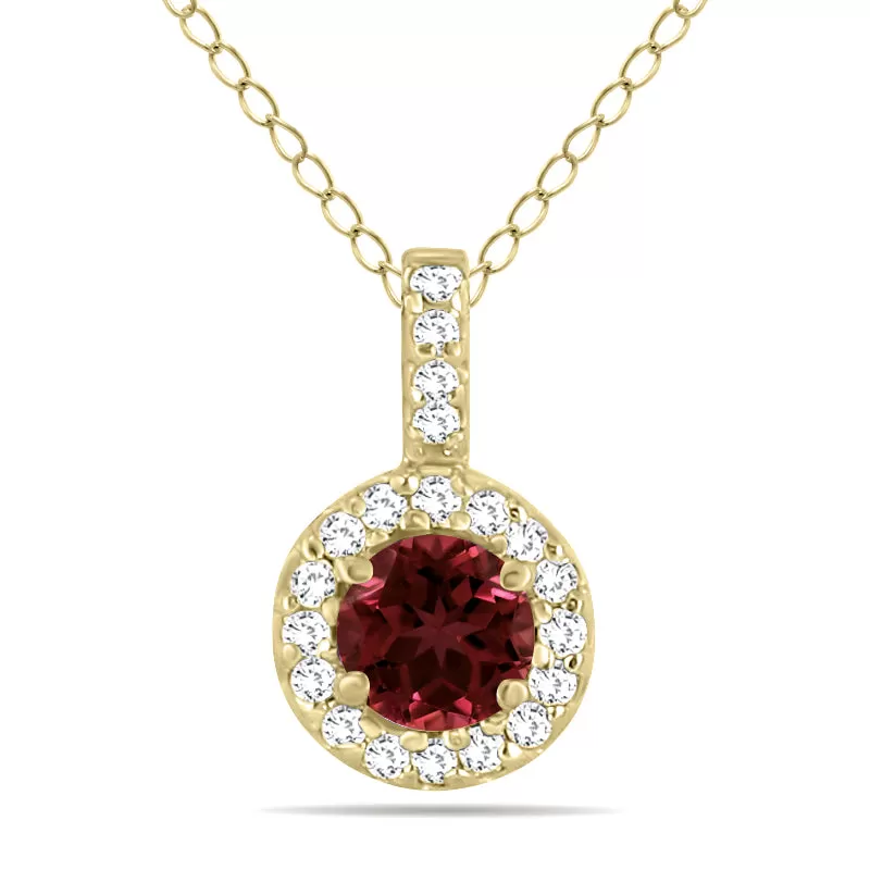 1/2 Carat Tw Halo Garnet And Diamond Pendant In 10K Yellow Gold