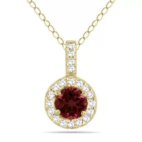 1/2 Carat Tw Halo Garnet And Diamond Pendant In 10K Yellow Gold