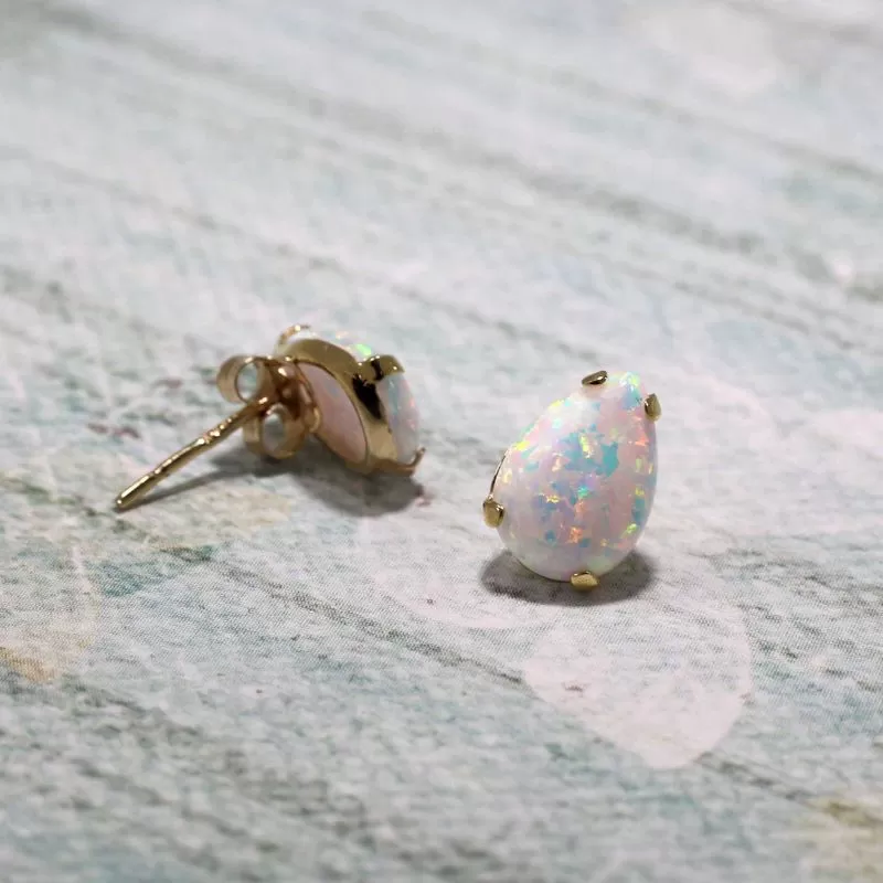 14K Yellow Gold Teardrop White Opal 7X10mm Stud Earrings