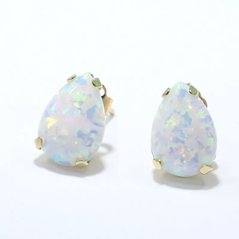 14K Yellow Gold Teardrop White Opal 7X10mm Stud Earrings