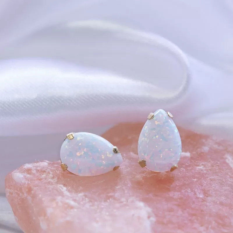 14K Yellow Gold Teardrop White Opal 7X10mm Stud Earrings