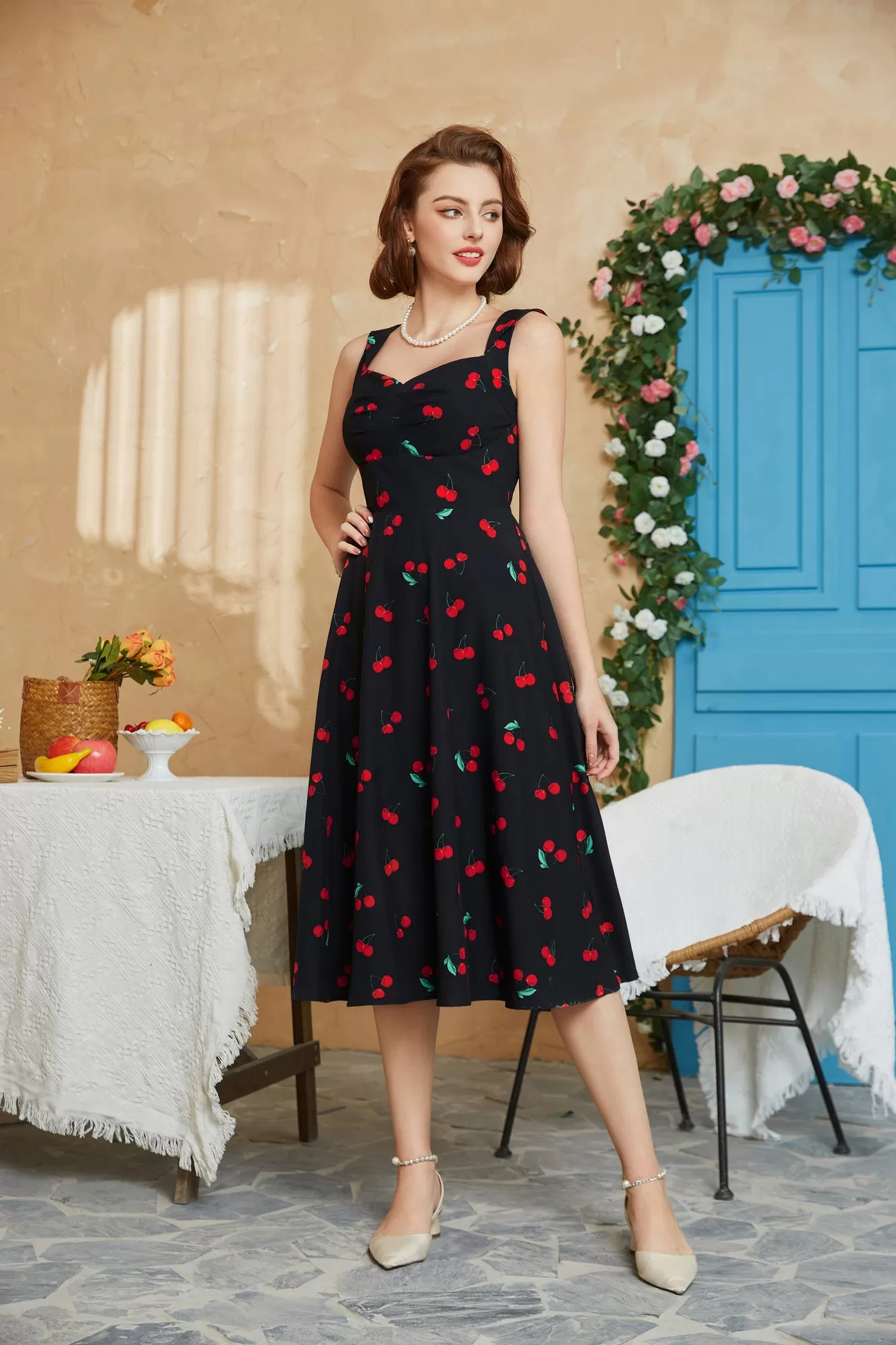 1950s Vintage Cocktail Swing Dresses Summer Square Neck Sleeveless A-Line Midi Dress with Pockets