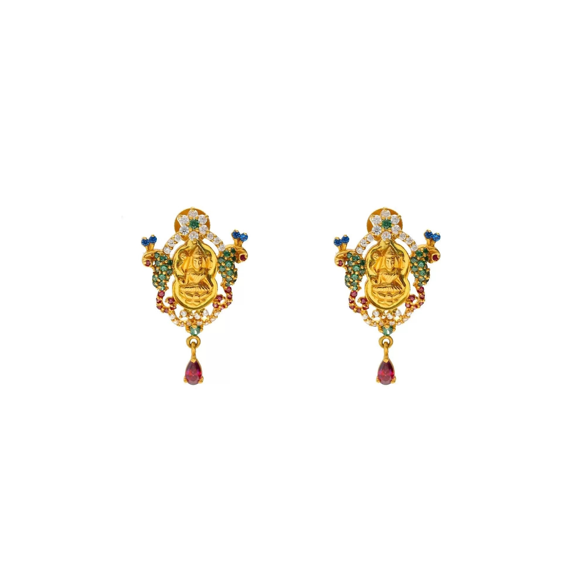 22K Multi Tone Gold & Gemstone Jeweled Temple Set