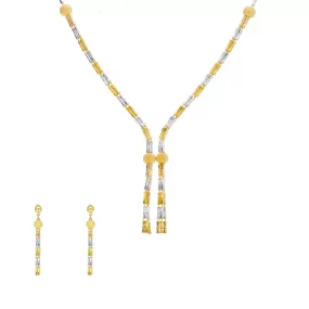 22K Multi Tone Gold Lariat Necklace & Earrings Set W/ Cinched Tube Beads