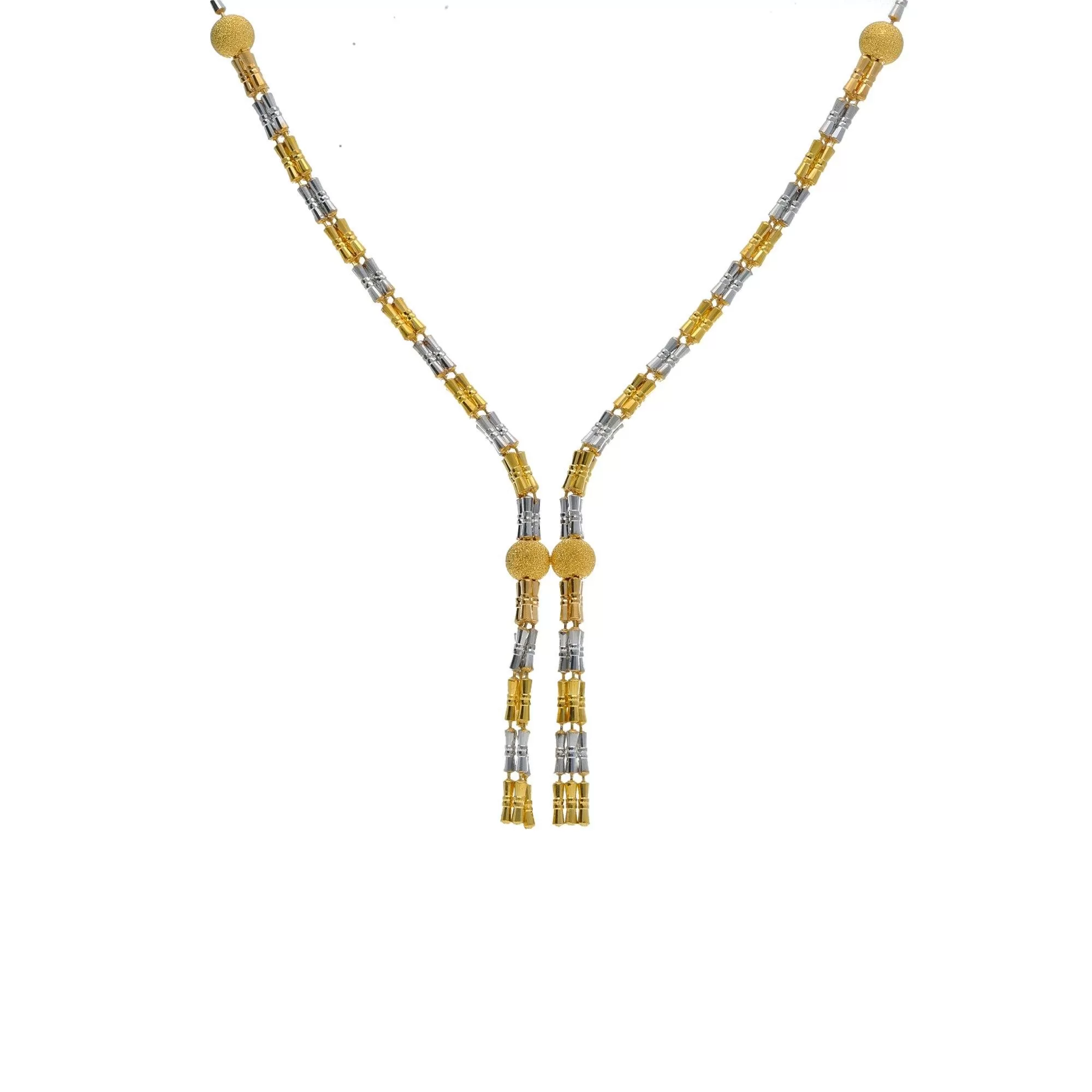 22K Multi Tone Gold Lariat Necklace & Earrings Set W/ Cinched Tube Beads