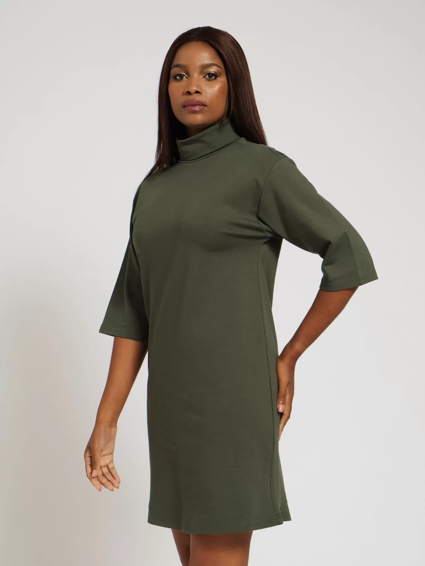 3/4 Sleeve Turtle Neck Shift Mini Dress - Fatigue