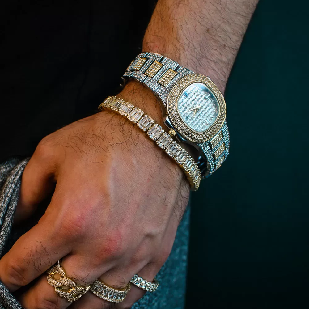 8.5mm Iced Out Baguette Link Bracelet in Gold