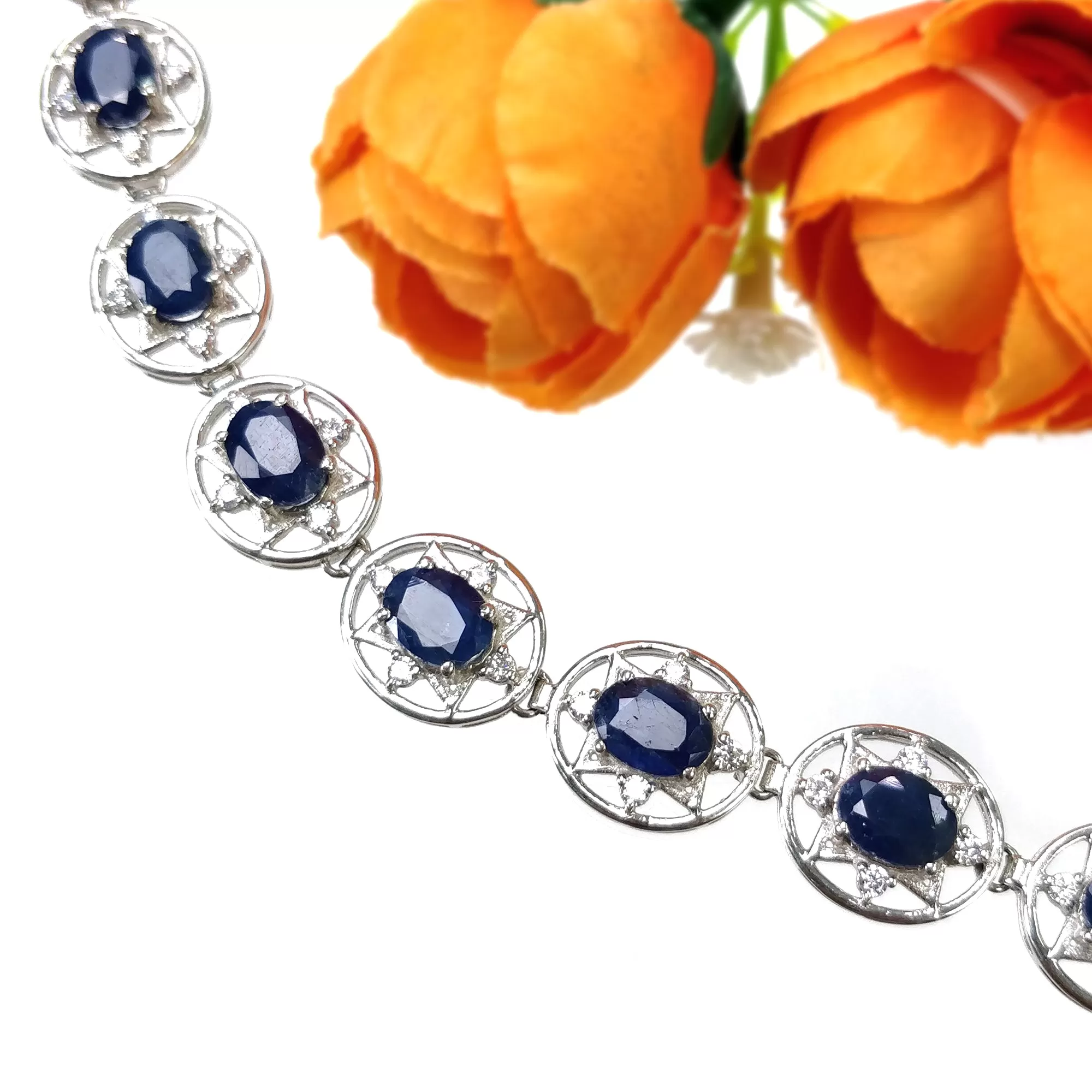 925 Sterling Silver Bracelet : 19.33gms Natural Blue Sapphire Gemstone With CZ Oval Normal Cut Prong Set Tennis Bracelet 7.5"