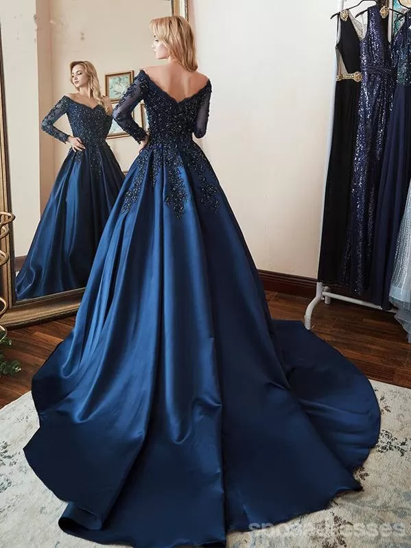 A-line Long Sleeves Blue Long Party Prom Dresses Online,Dance Dresses,12558