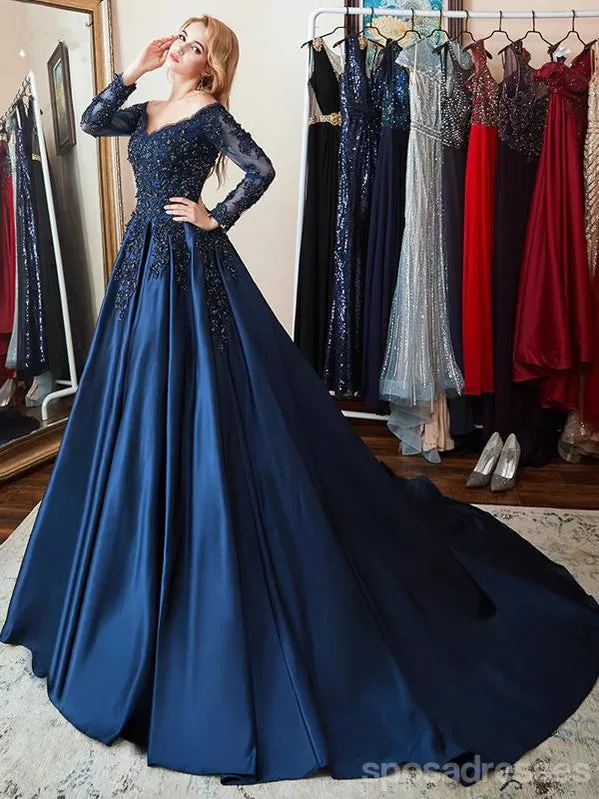 A-line Long Sleeves Blue Long Party Prom Dresses Online,Dance Dresses,12558