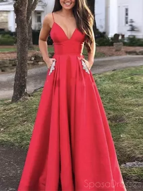 A-line V Neck Spaghetti Straps Long Prom Dresses, Sweet 16 Prom Dresses, 12455