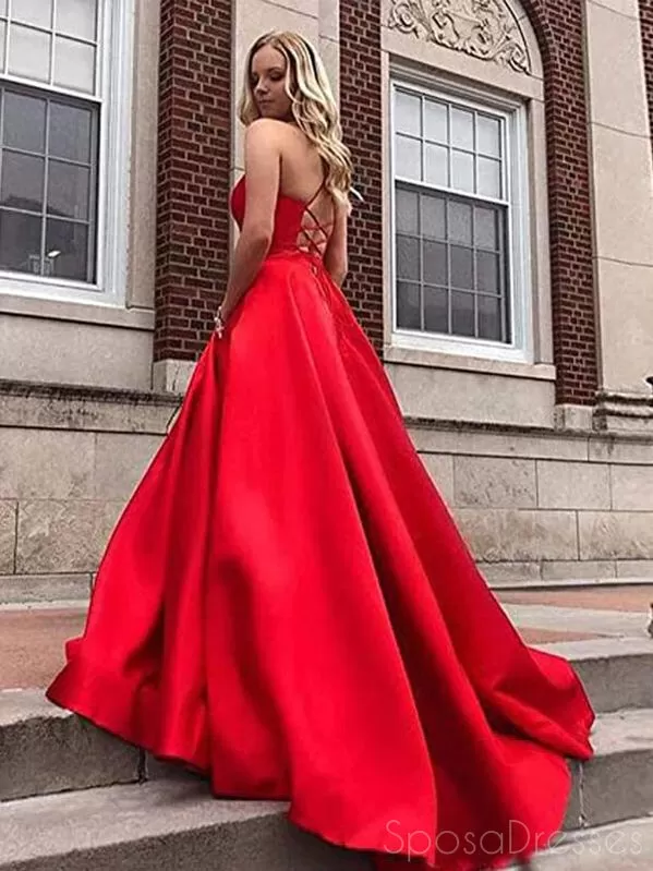 A-line V Neck Spaghetti Straps Long Prom Dresses, Sweet 16 Prom Dresses, 12455