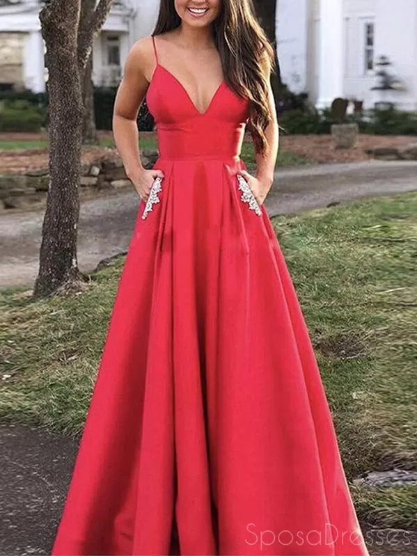 A-line V Neck Spaghetti Straps Long Prom Dresses, Sweet 16 Prom Dresses, 12455