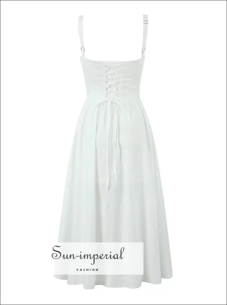 A-line White Midi Dress With Criss Cross Tie Back