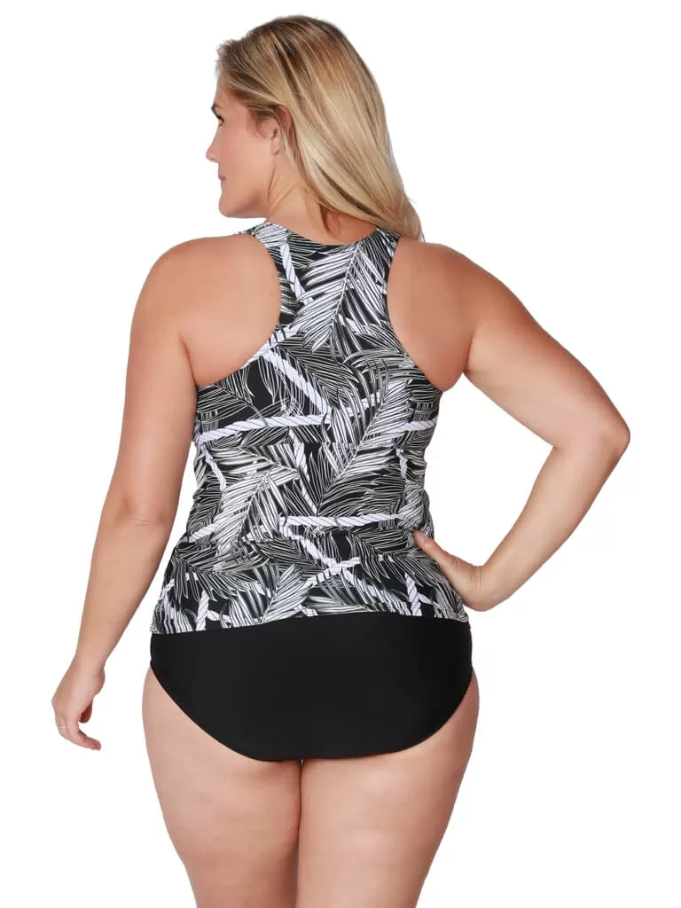 A racer-back tankini with a midrise bottom pant