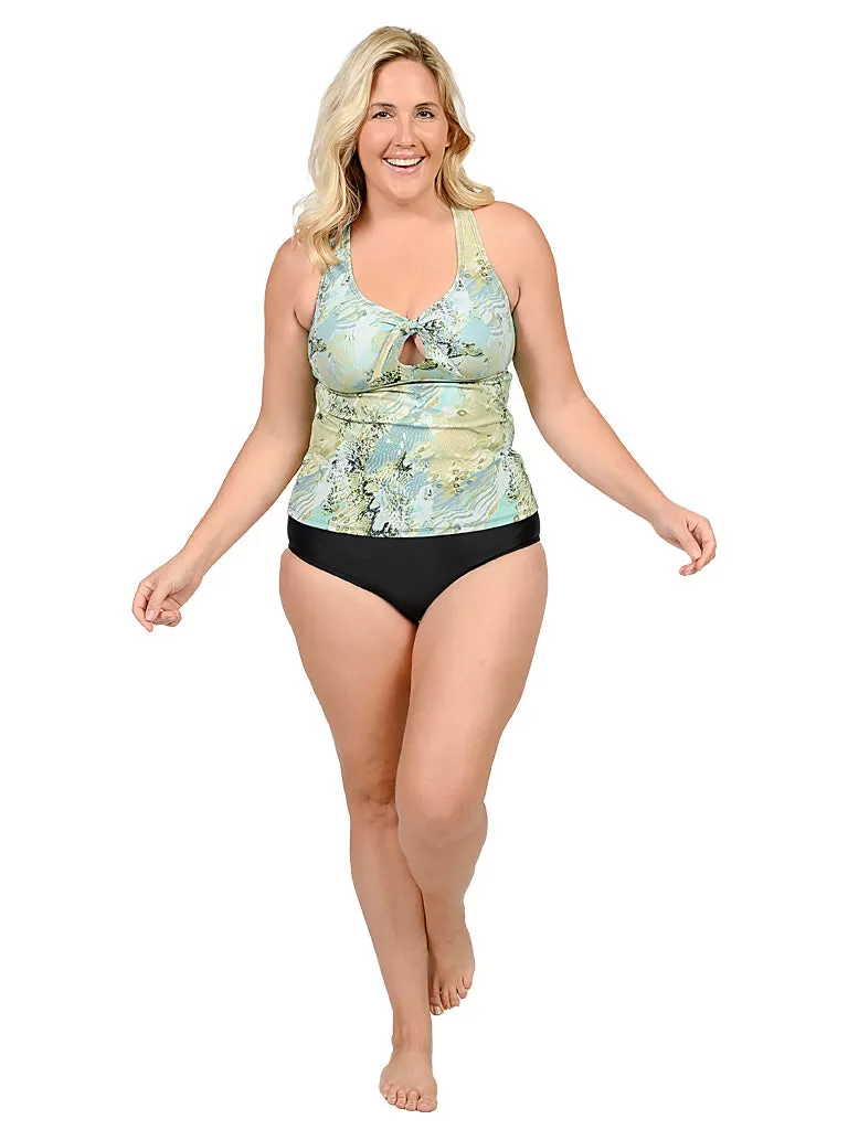 A racer-back tankini with a midrise bottom pant