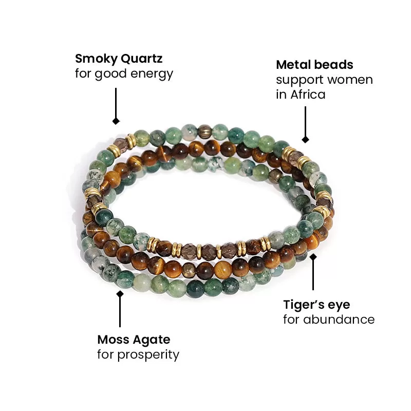 Abundance & Prosperity Moss Agate and Smoky Quartz Delicate Bracelet Set