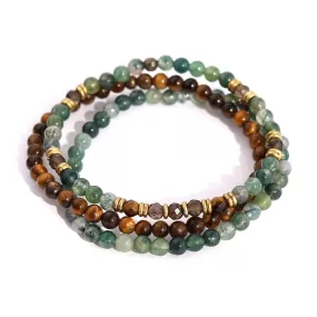 Abundance & Prosperity Moss Agate and Smoky Quartz Delicate Bracelet Set