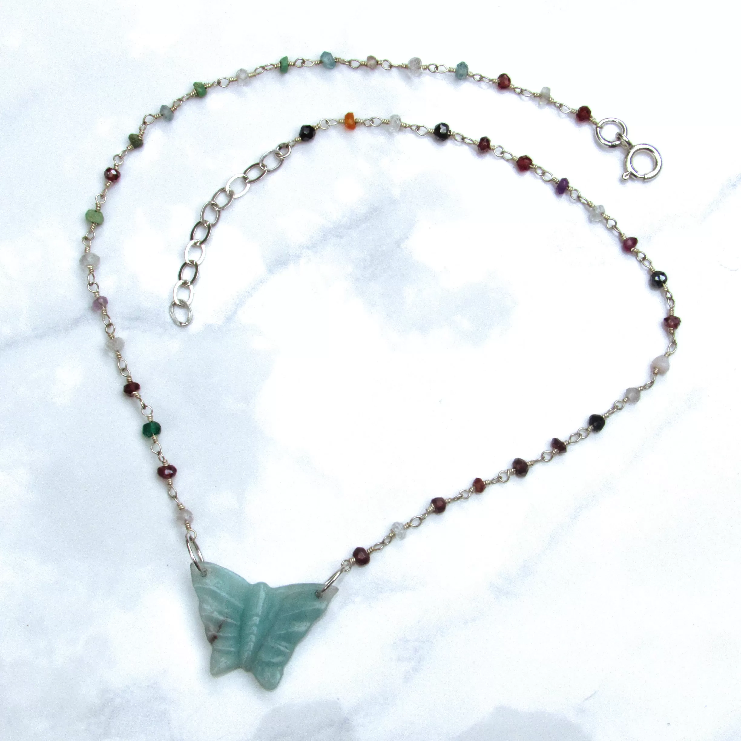 Amazonite gemstone Butterfly on Wrapped Sterling Silver and Mixed gemstones Choker