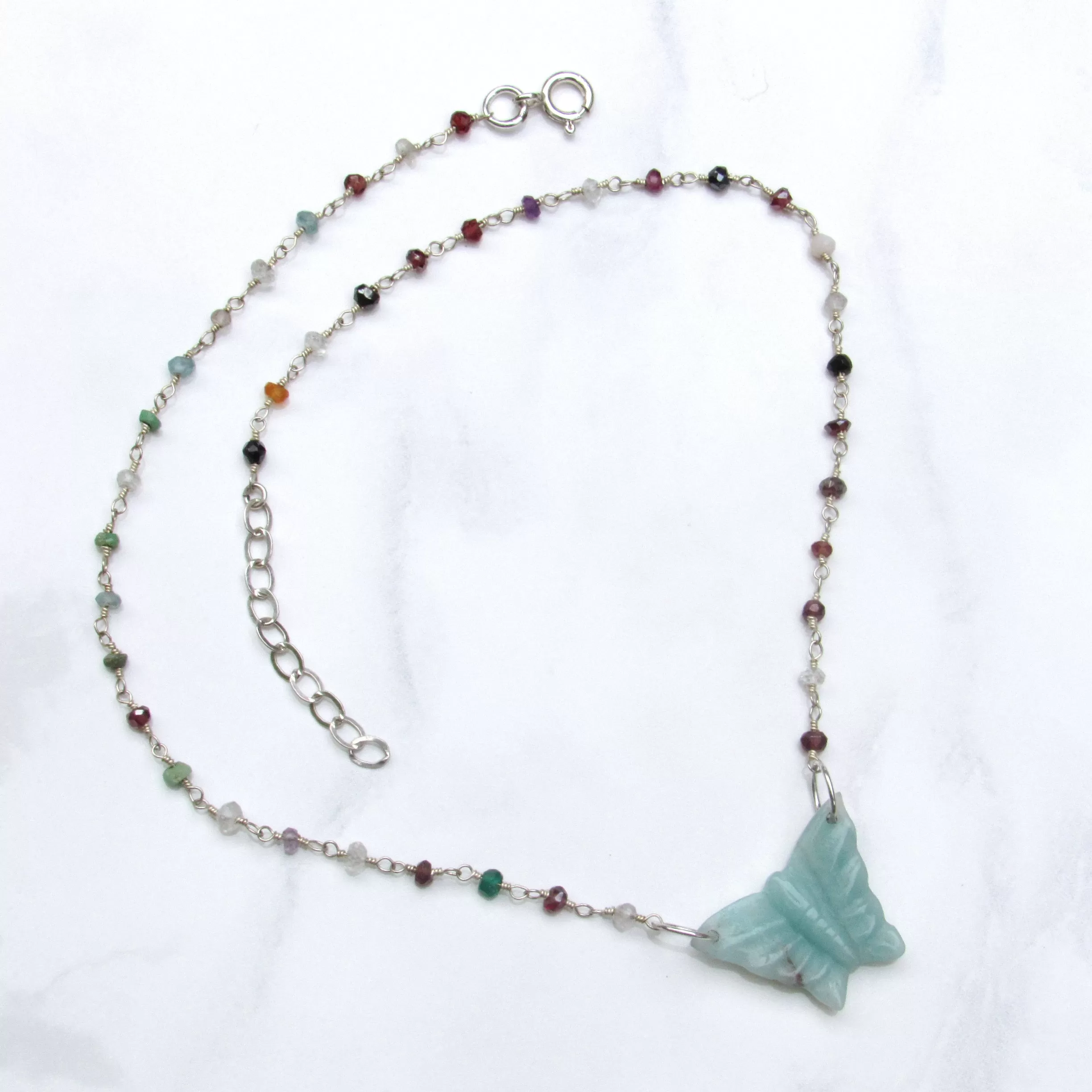 Amazonite gemstone Butterfly on Wrapped Sterling Silver and Mixed gemstones Choker