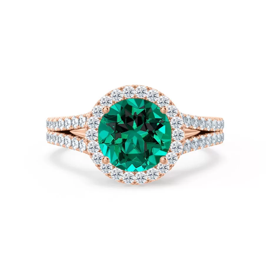 AMELIA - Chatham® Lab Grown Emerald & Diamond 18k Rose Gold Halo Ring