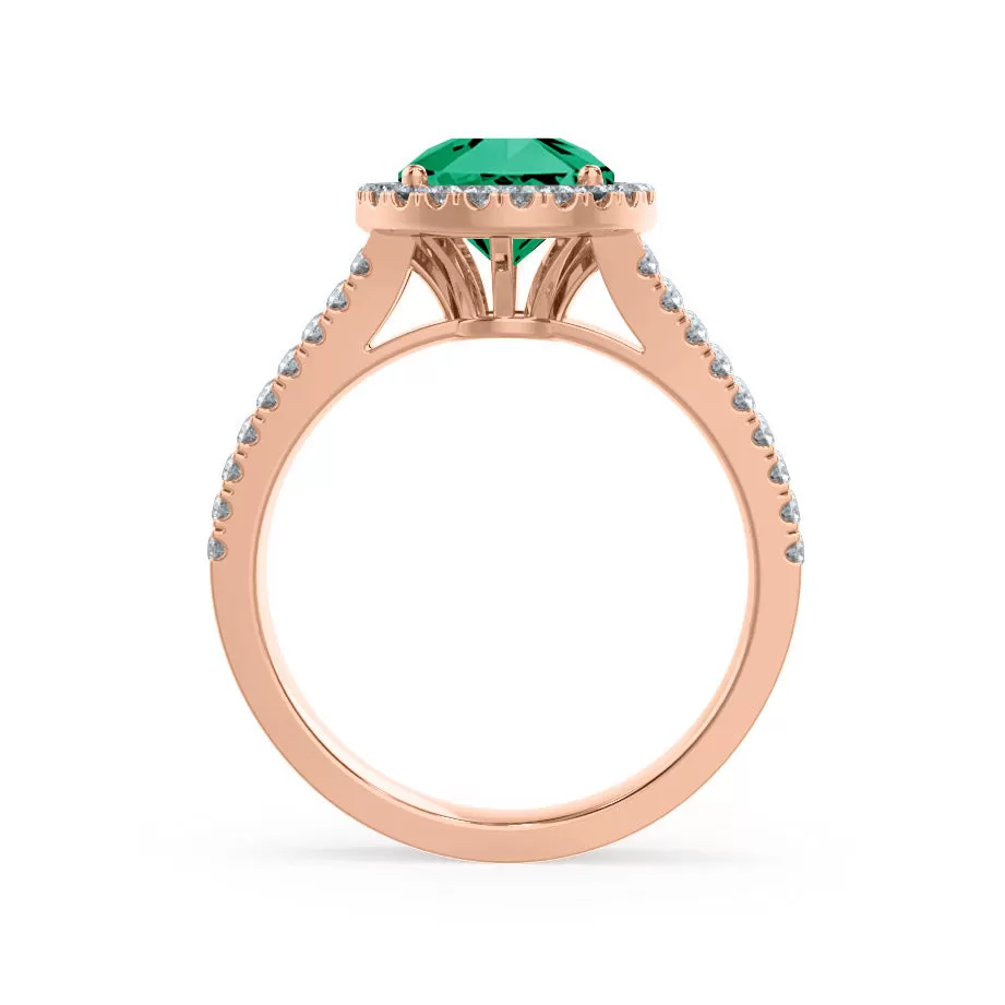 AMELIA - Chatham® Lab Grown Emerald & Diamond 18k Rose Gold Halo Ring