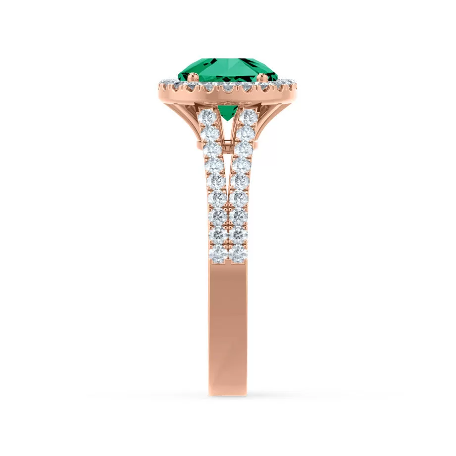 AMELIA - Chatham® Lab Grown Emerald & Diamond 18k Rose Gold Halo Ring