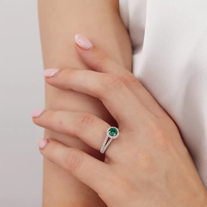 AMELIA - Chatham® Lab Grown Emerald & Diamond 18k Rose Gold Halo Ring