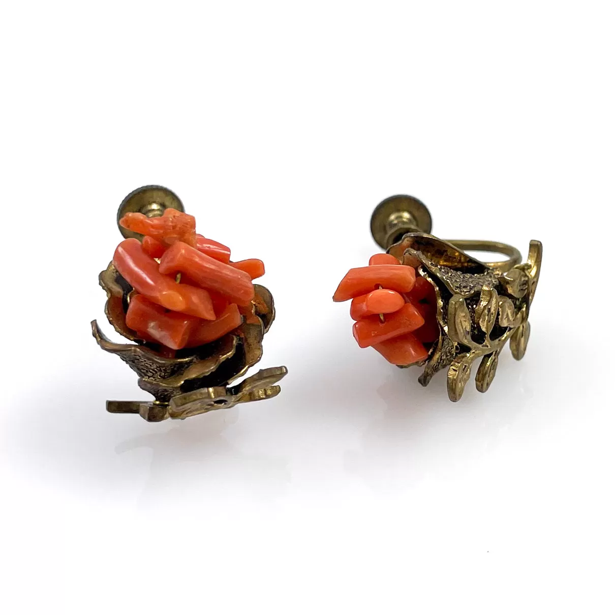 Antique Orange Coral Screw Back Earrings