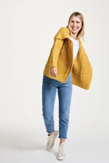 Aran - Merino Patchwork one button collar cardigan - Sunflower