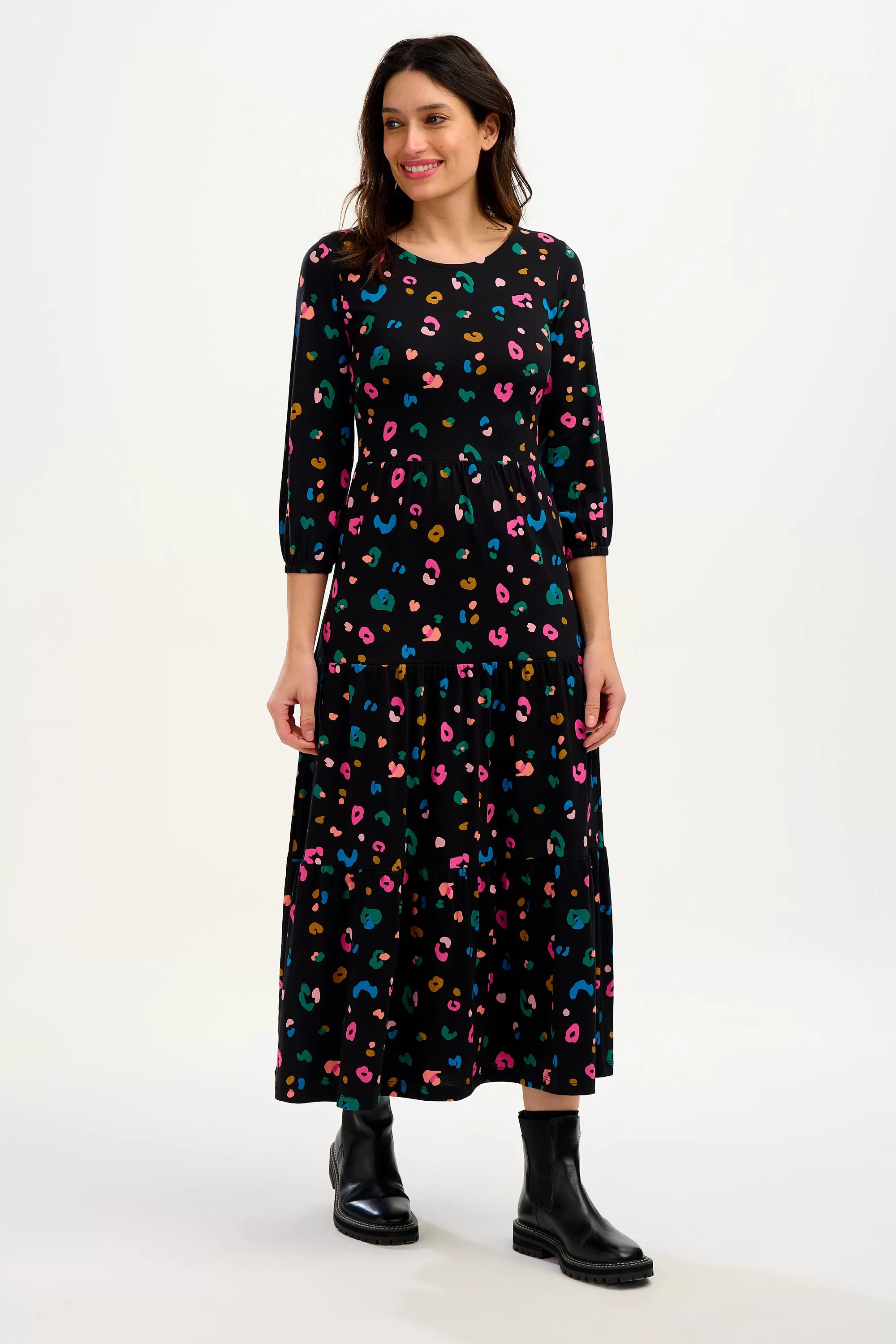 Bakari Jersey Tiered Midi Dress - Black, Paintbox Leopard