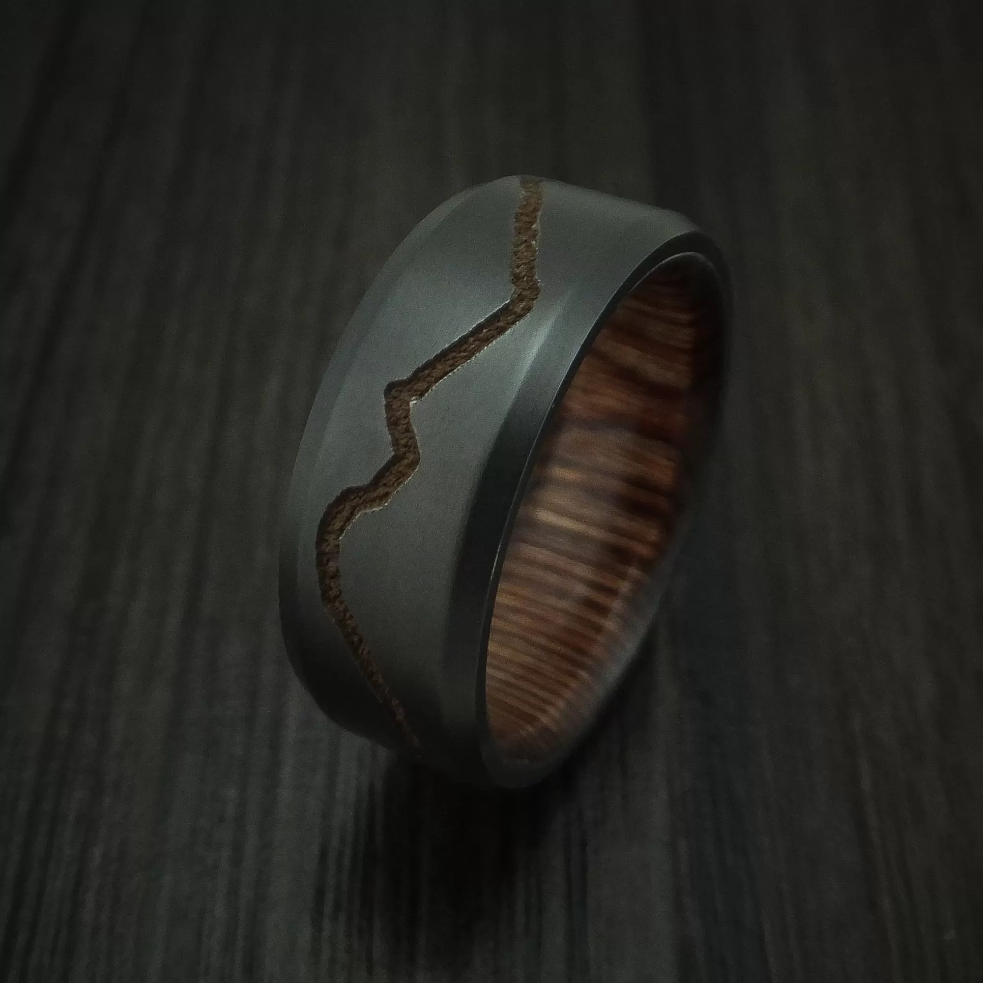 Black Titanium Men's Ring with Custom Mountain Milling and Hardwood Interior Sleeve Custom Made