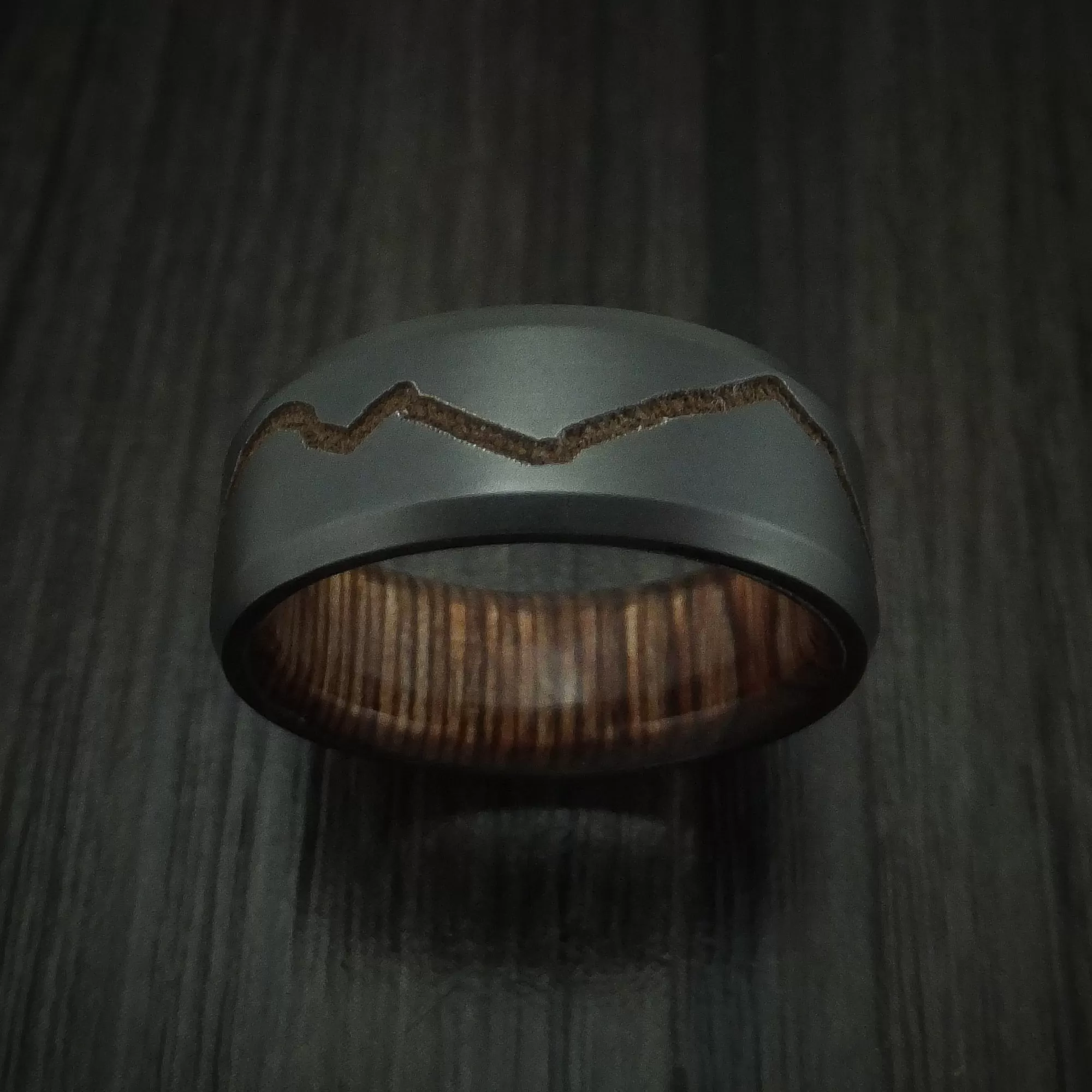 Black Titanium Men's Ring with Custom Mountain Milling and Hardwood Interior Sleeve Custom Made