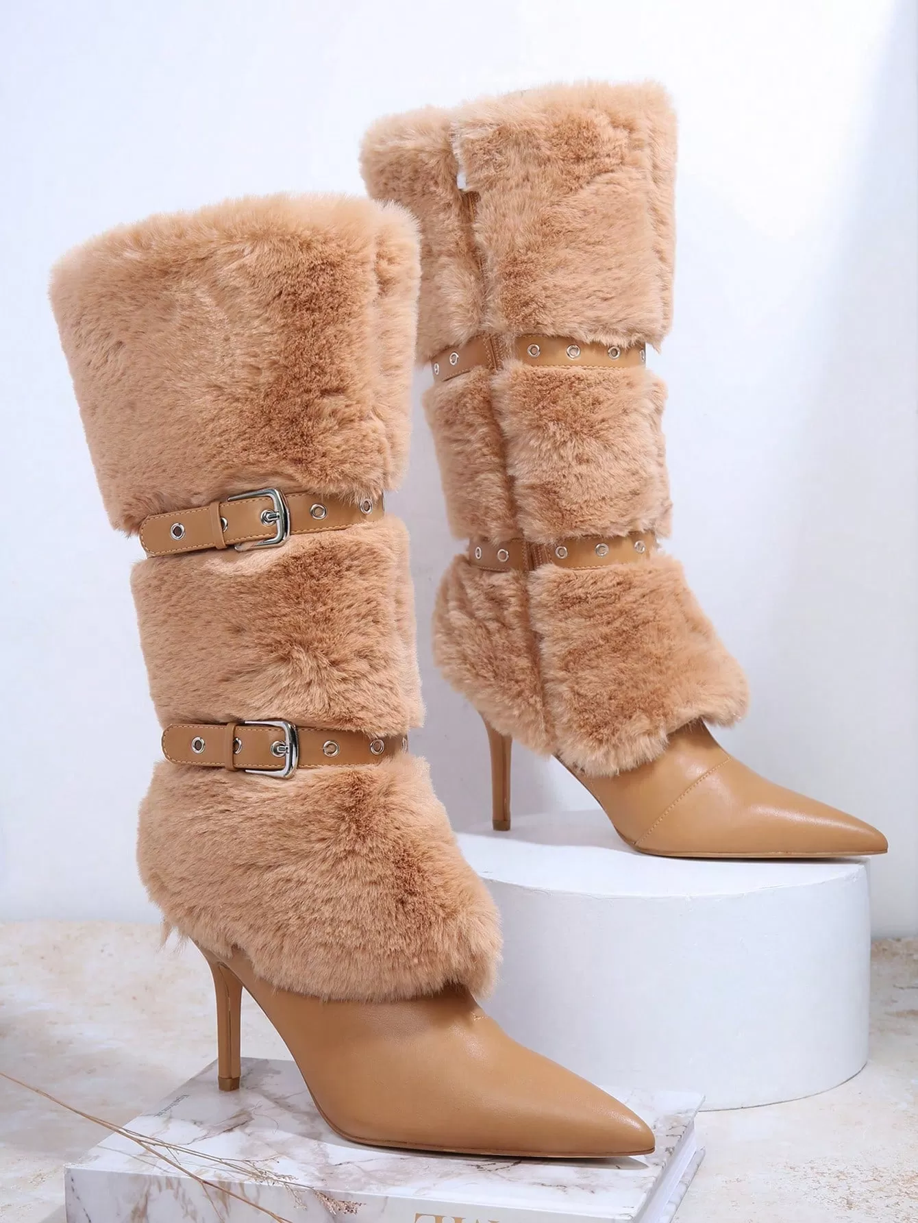 Buckle Decor Faux Fur Stiletto Heeled Boots