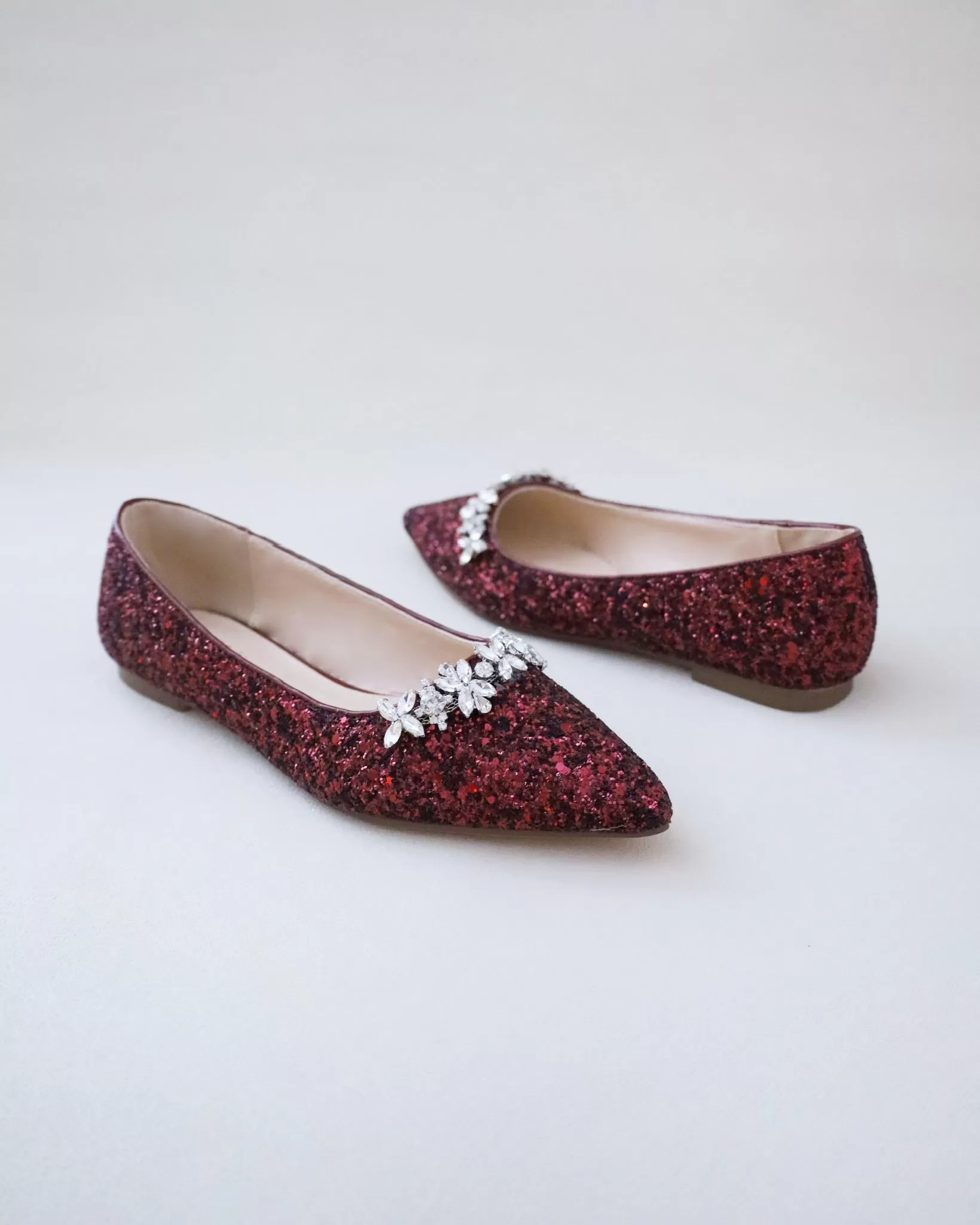 Burgundy Evening Pointy Toe Glitter Flats with Floral Rhinestones