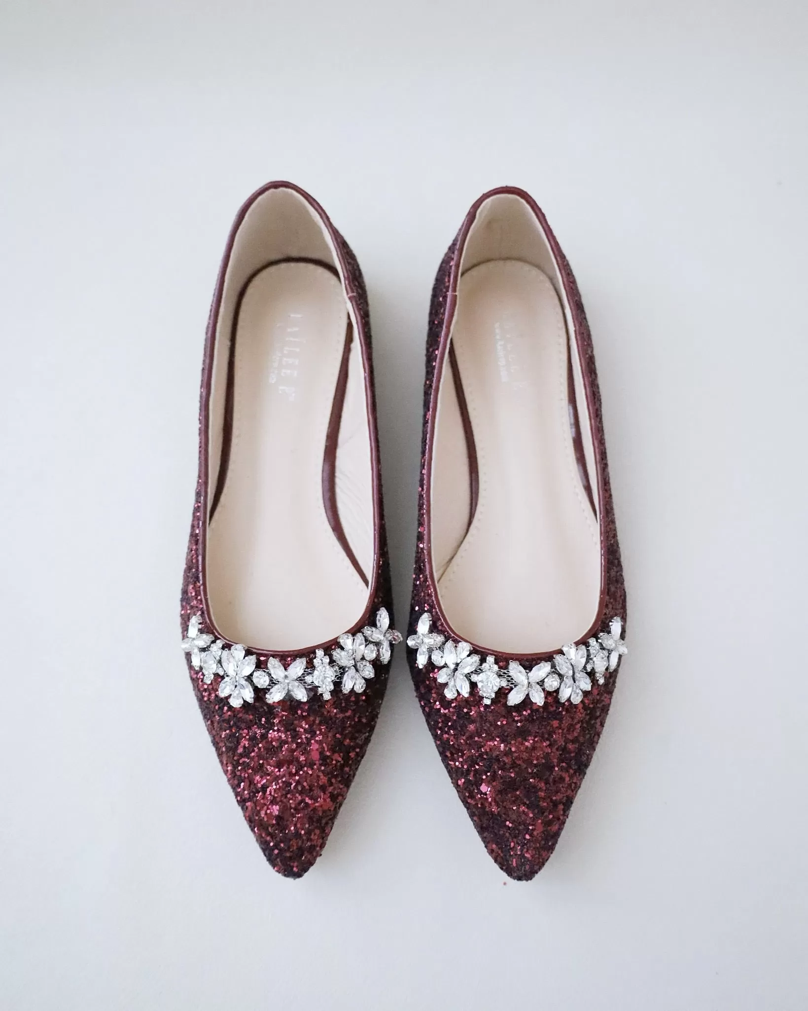 Burgundy Evening Pointy Toe Glitter Flats with Floral Rhinestones