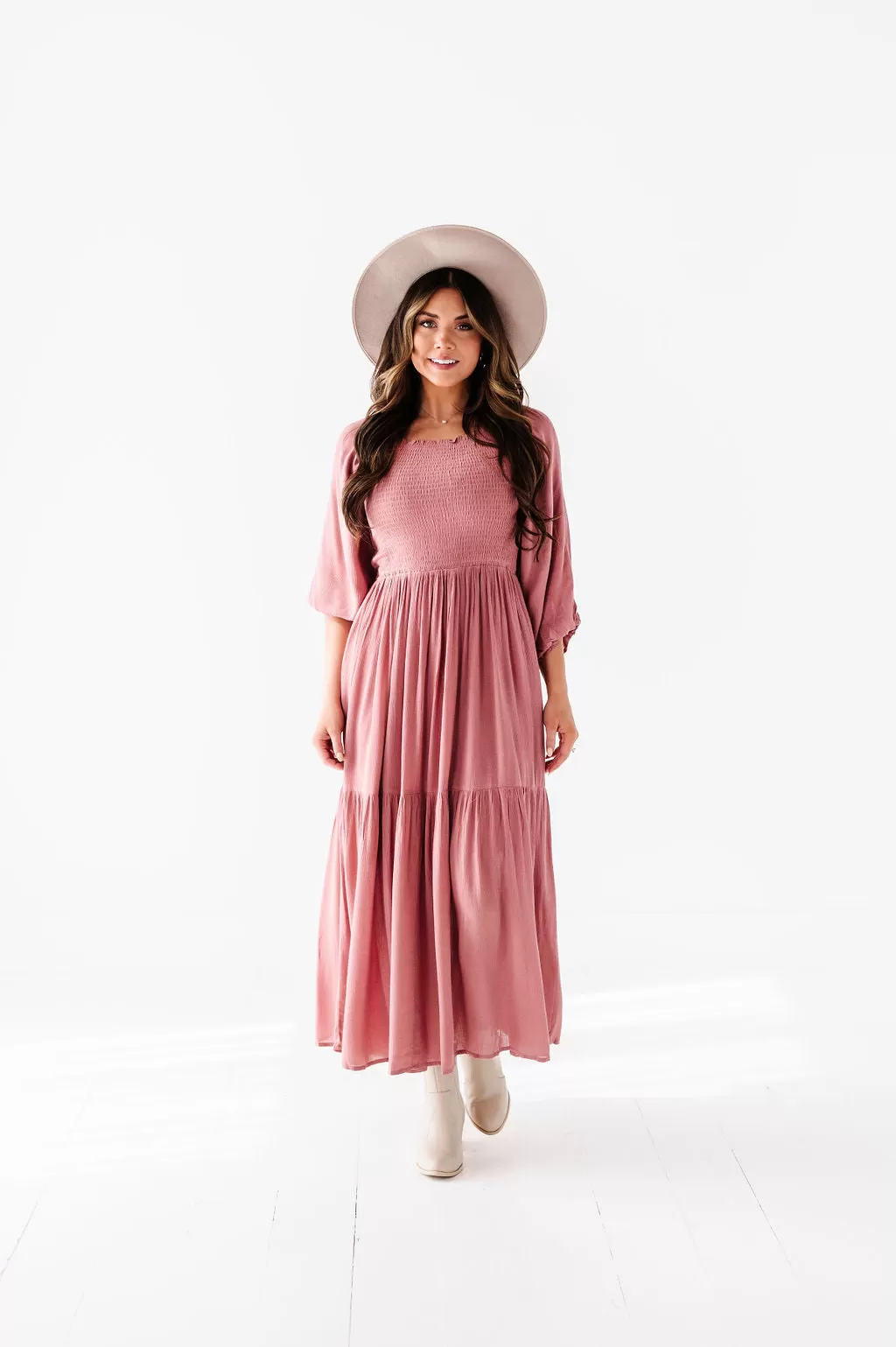 Caspian Smocked Dress in Dusty Pink