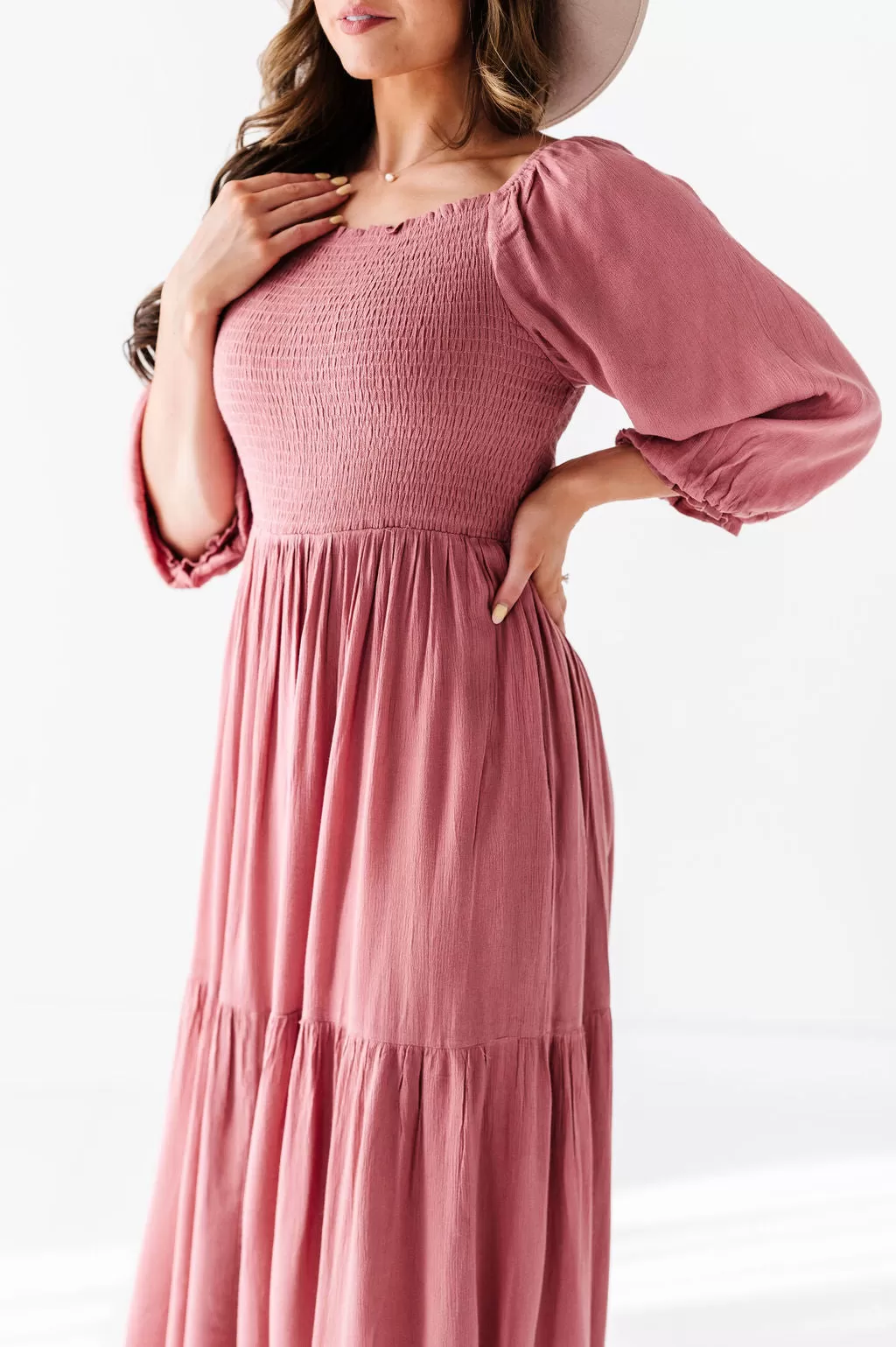 Caspian Smocked Dress in Dusty Pink