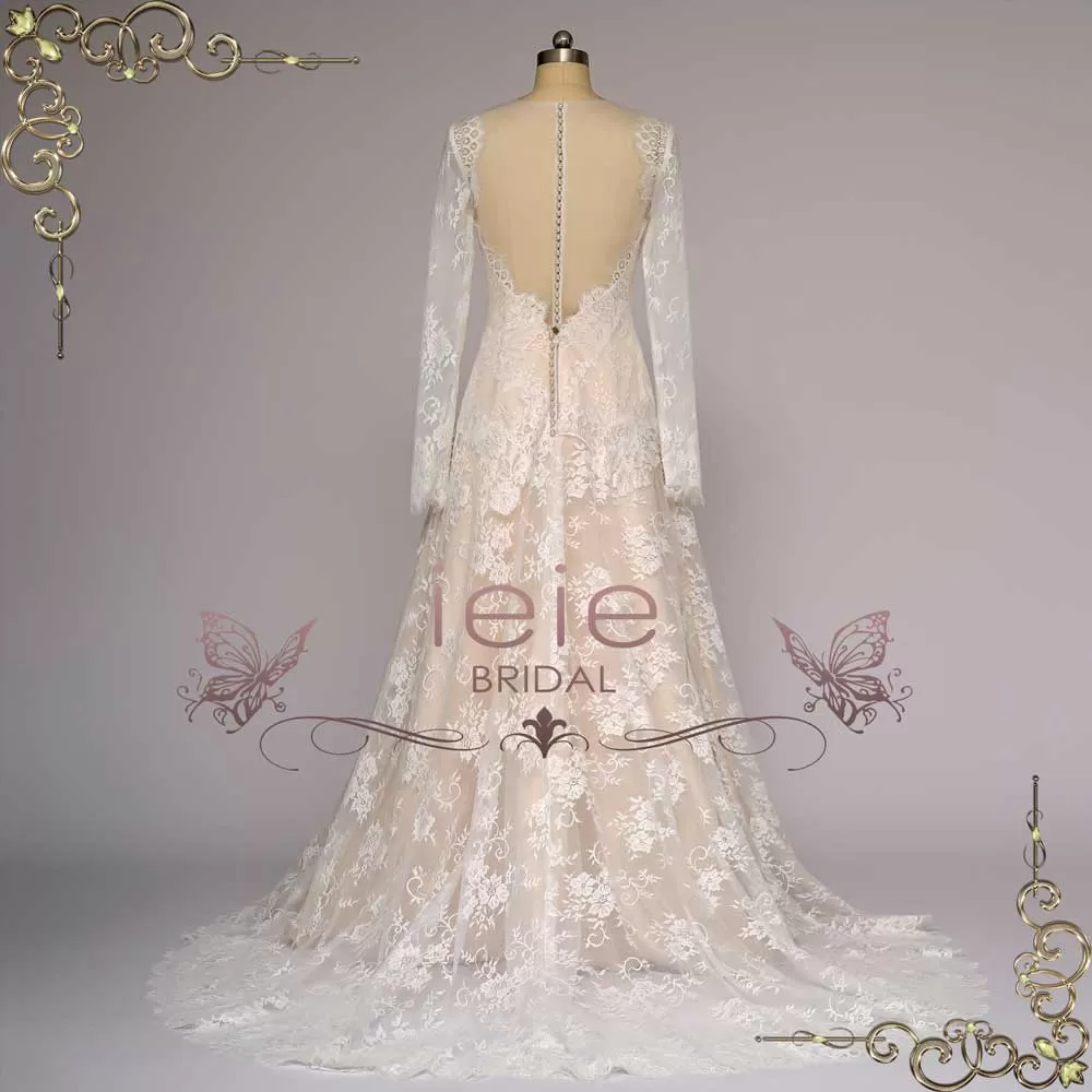 Champagne Lace Wedding Dress with Long Sleeves | AEDRE