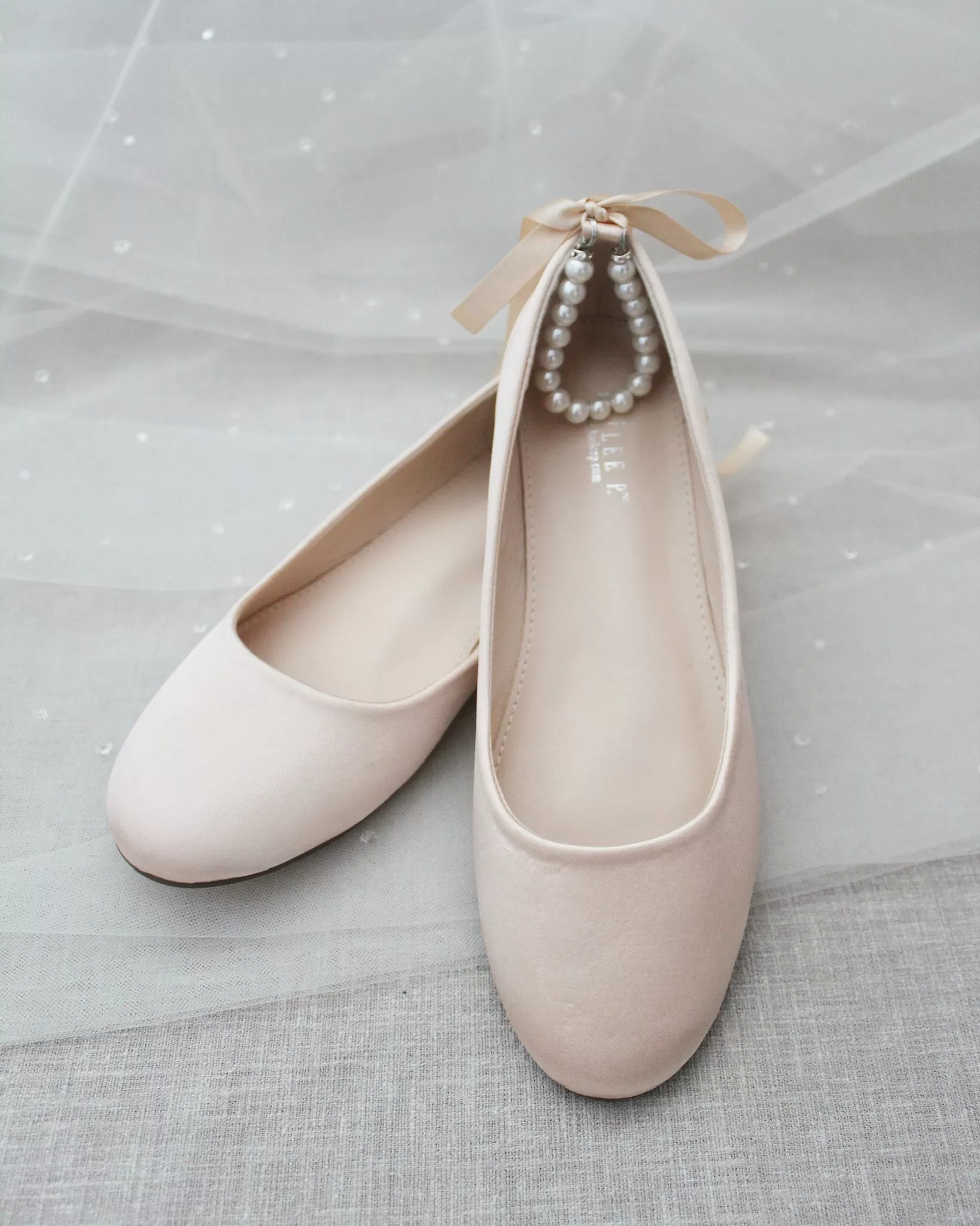 Champagne Round Toe Evening Flat with Pearl Strap