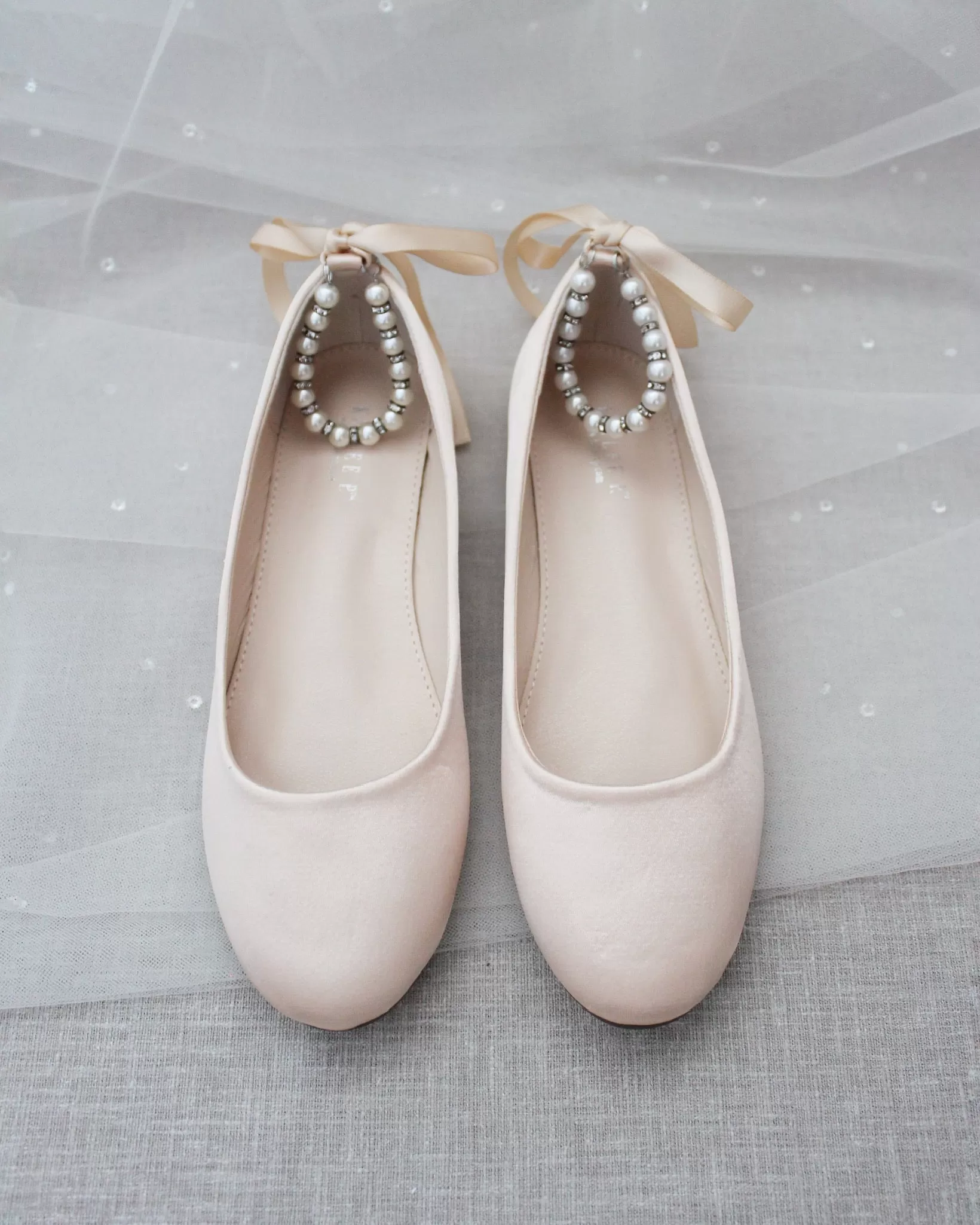 Champagne Round Toe Evening Flat with Pearl Strap