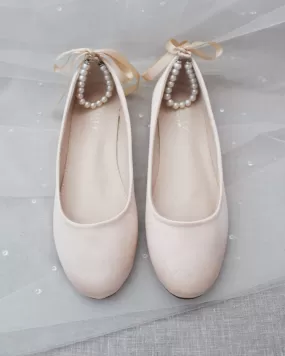 Champagne Round Toe Evening Flat with Pearl Strap