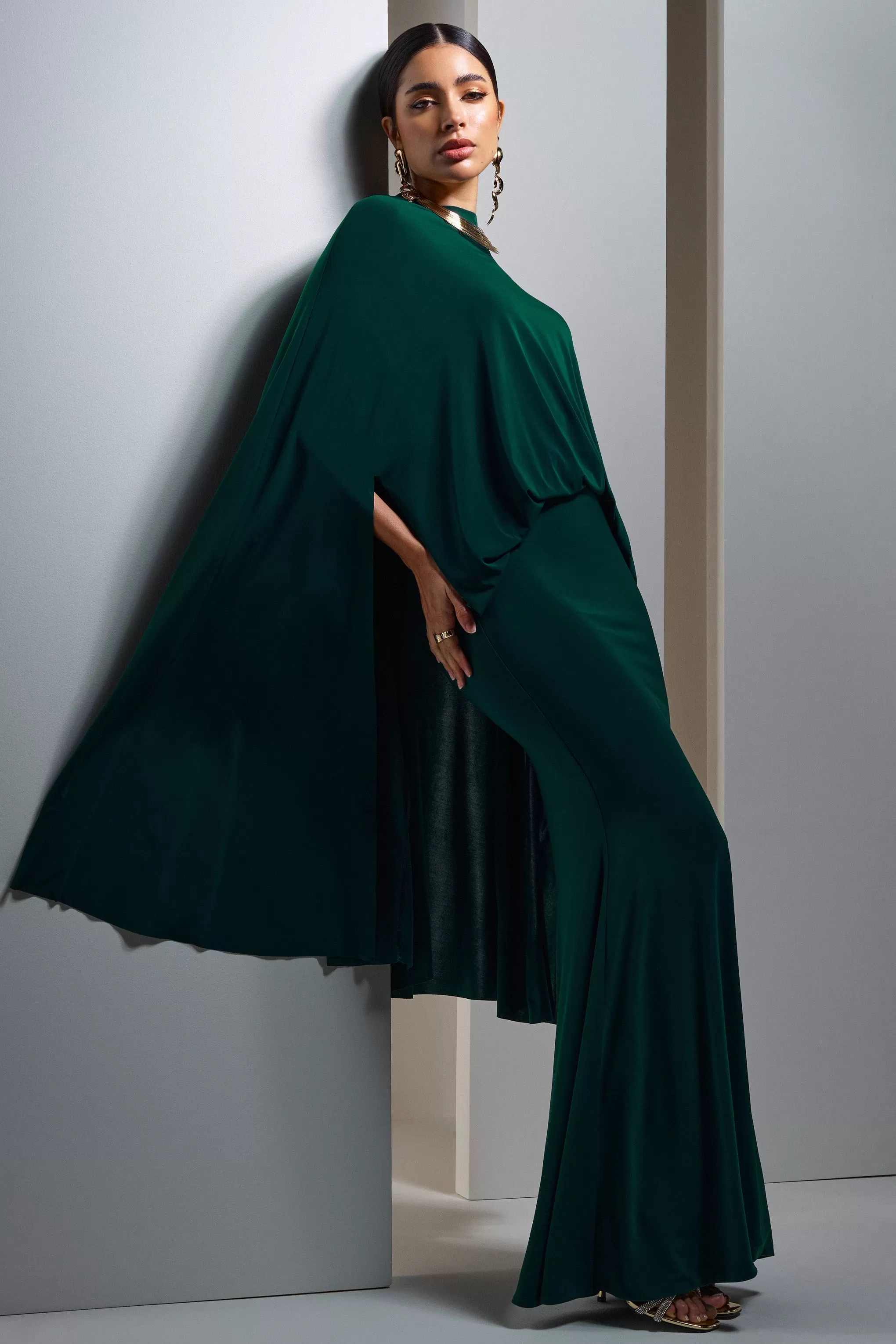 Charmaine | Bottle Green High-Neck Maxi Dress With Cape