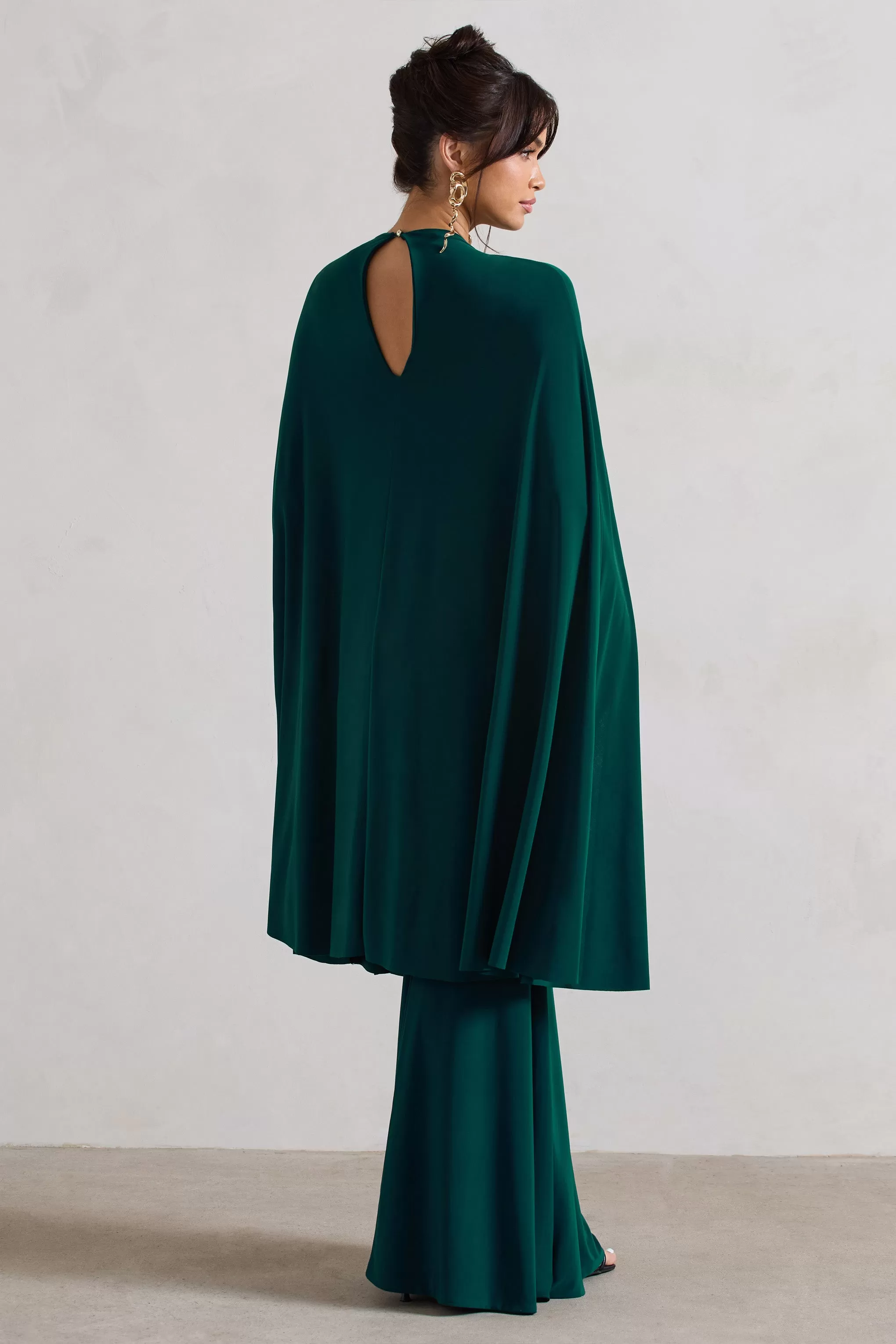 Charmaine | Bottle Green High-Neck Maxi Dress With Cape