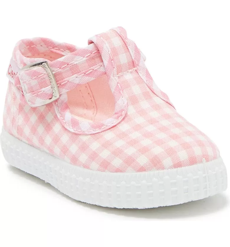 Cienta Pink Gingham canvas kids shoes