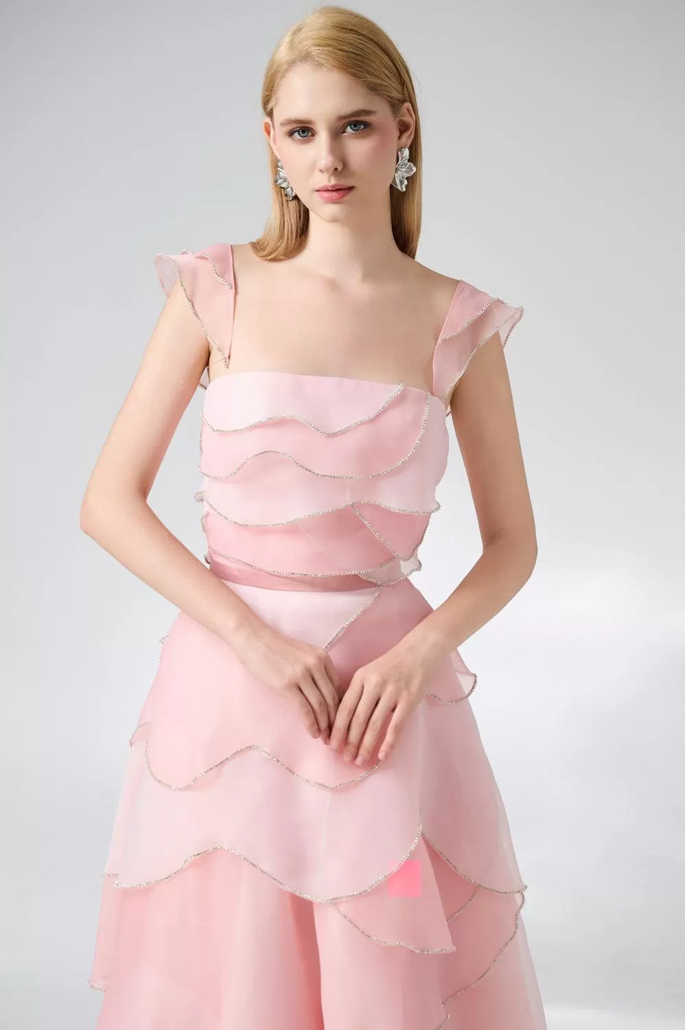 Copeland Layered Cap Sleeved Organza Ankle Length Dress