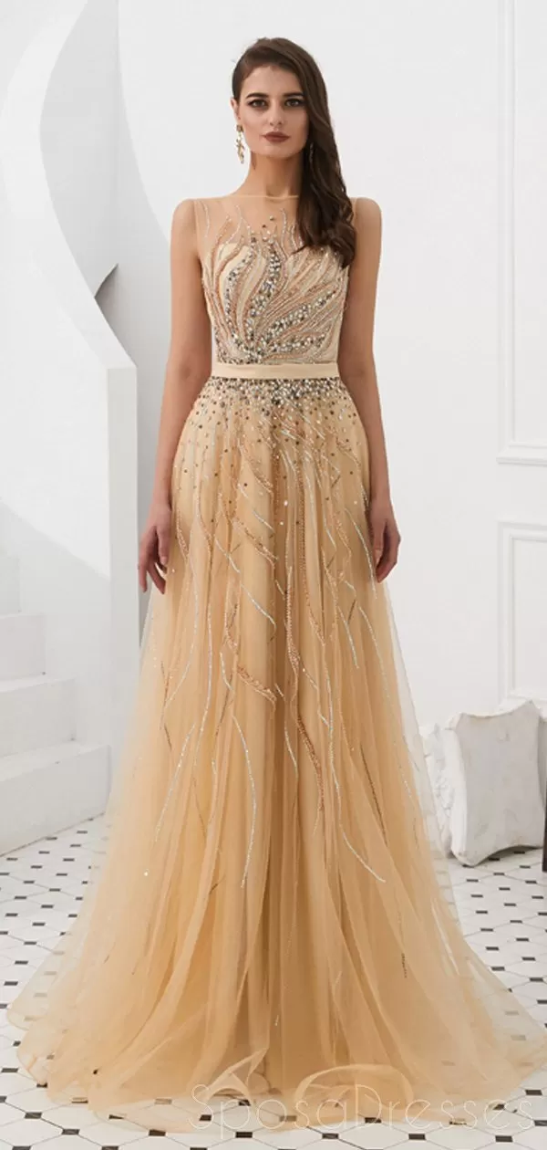 Cowl See Through Gold Beaded A-line Evening Prom Dresses, Evening Party Prom Dresses, 12093