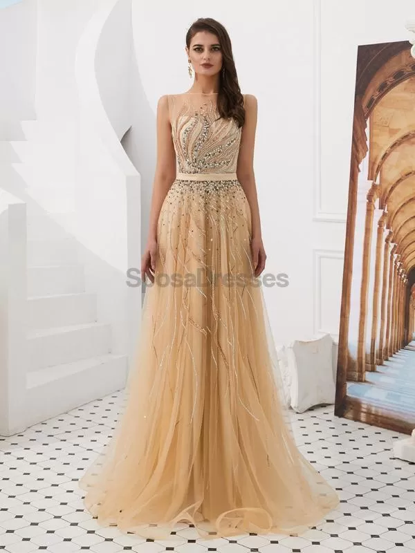 Cowl See Through Gold Beaded A-line Evening Prom Dresses, Evening Party Prom Dresses, 12093