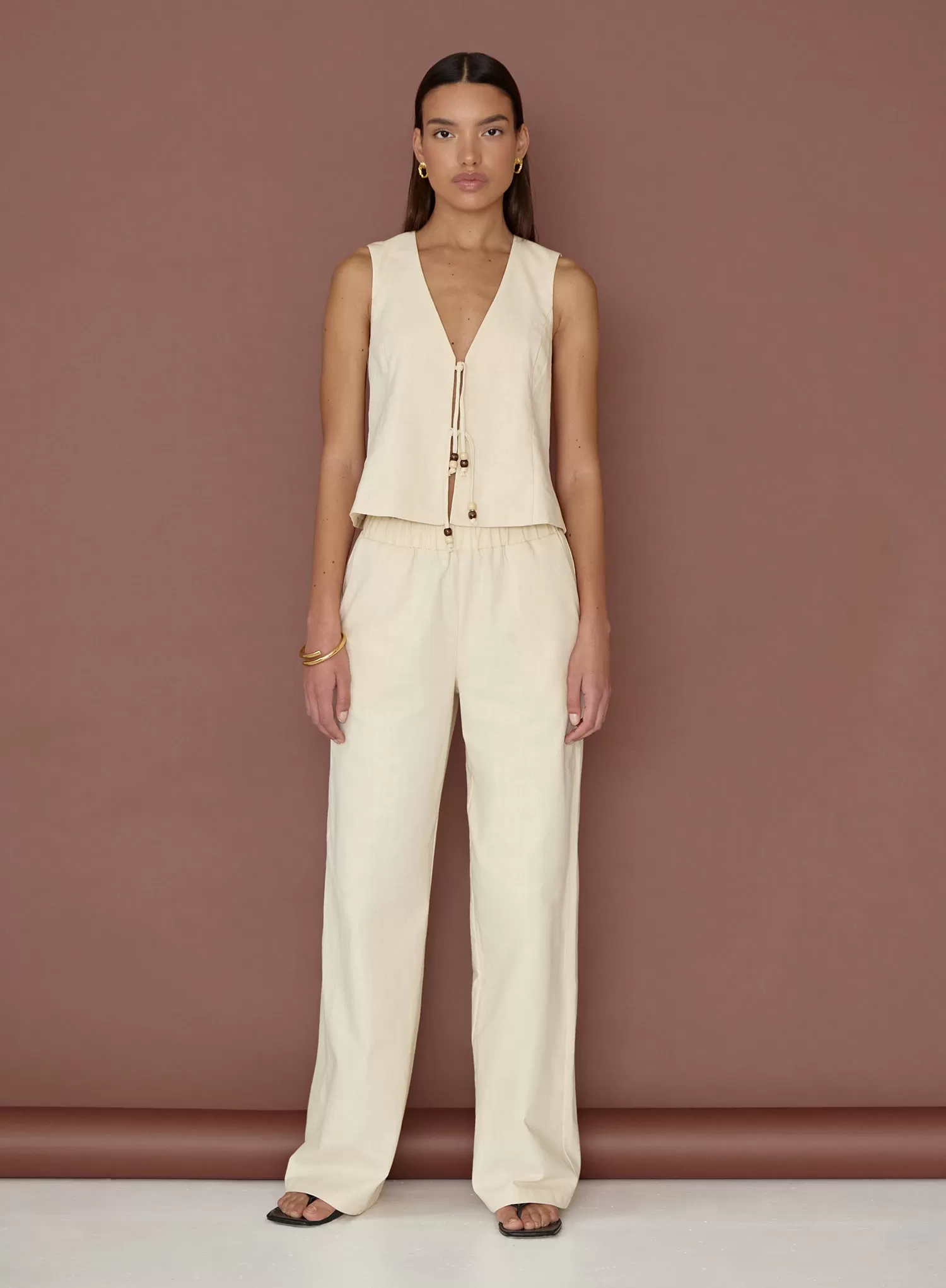 Cream Elasticated Wide Leg Trouser- Zella