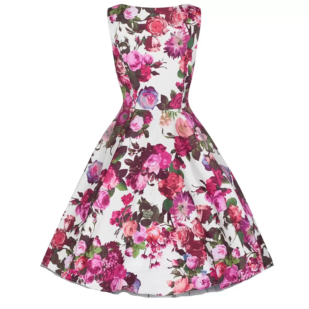 Cream White and Pink Floral Audrey 50s Swing Dress